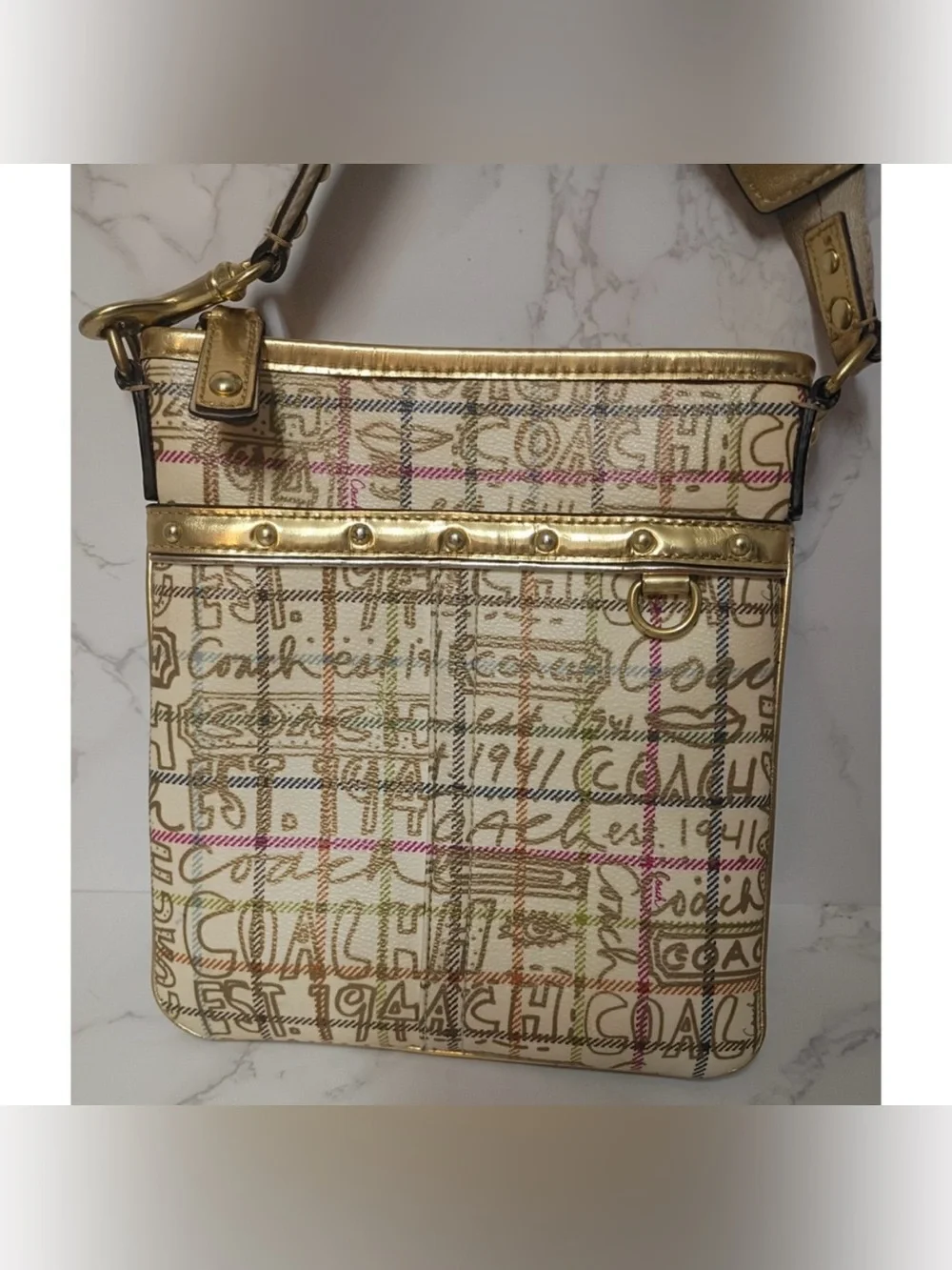 Coach Tattersall Graffiti swingpack crossbody bag cream and multicolor plaid